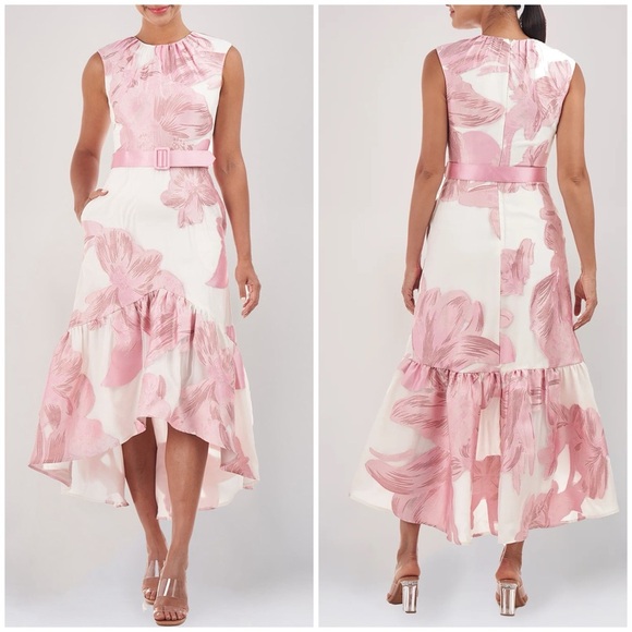 NWT Kay Unger Beatrix Tea Length Dress Floral High Low Pink Sz 8 - Picture 1 of 15